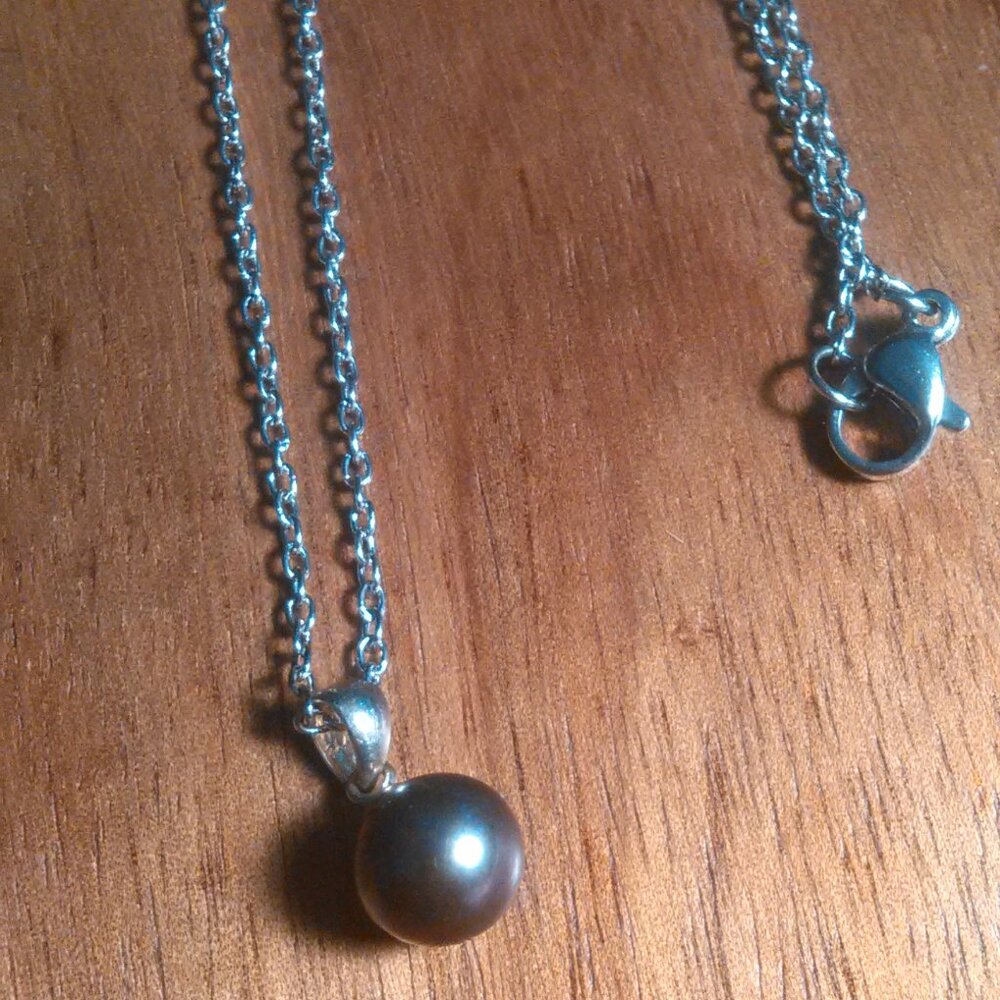 Grey Pearl Sterling Silver Pendant Stainless Steel Necklace